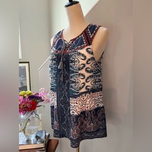 LUCKY BRAND Blue White Red “Boho” Sleeveless Top Sz Petite Small